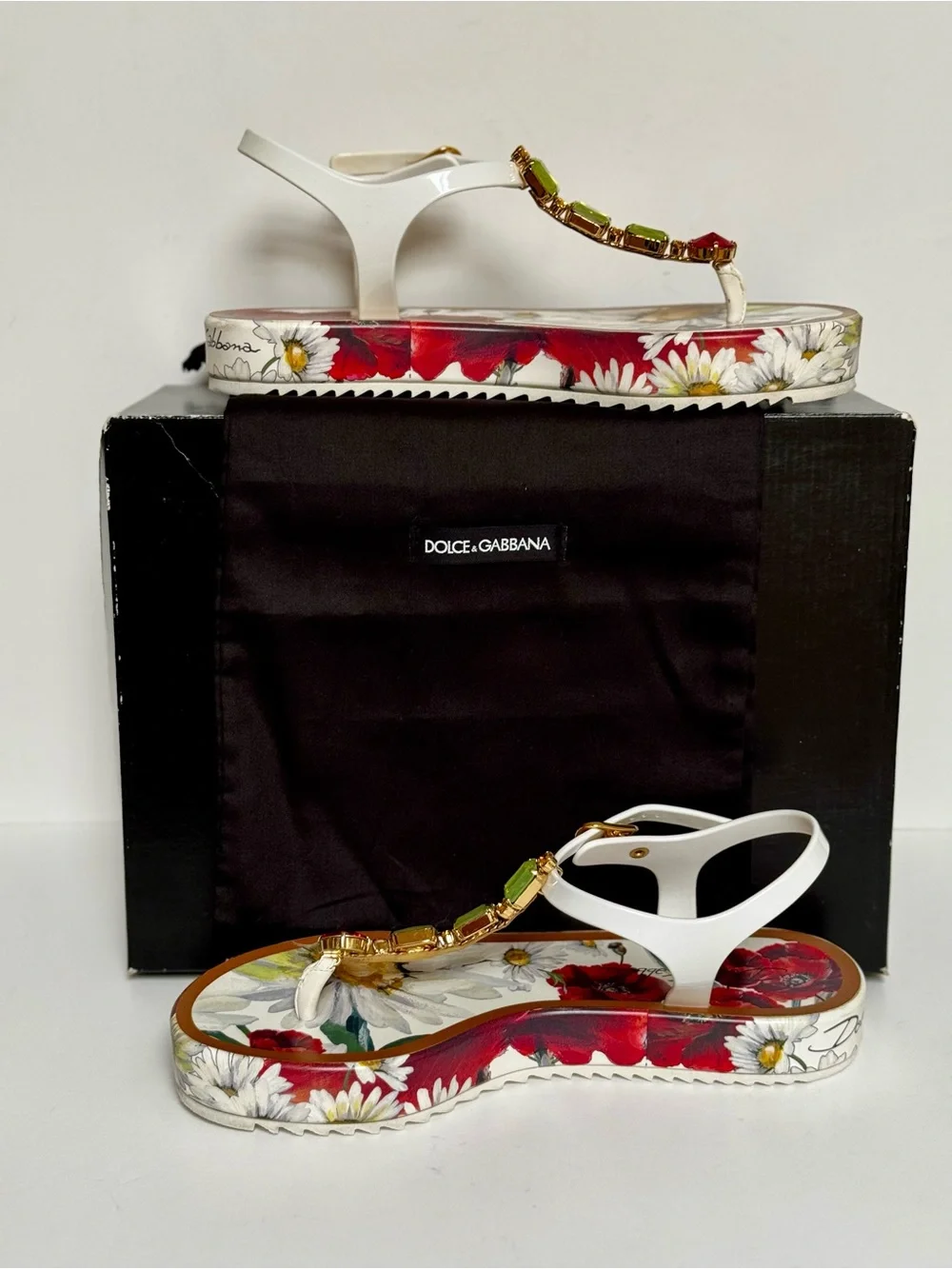Dolce & Gabbana Poppy/Daisy T-Strap Platform Sandals w/Swarovski Crystals Size 9